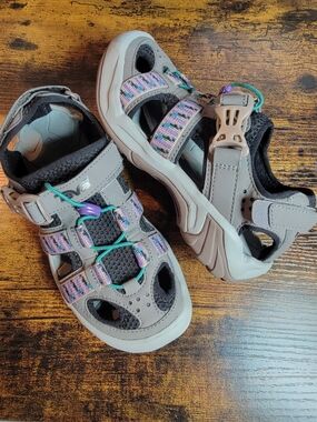 Teva Omnium Size 5.5 Gray Sandals with Purple and Teal Accents